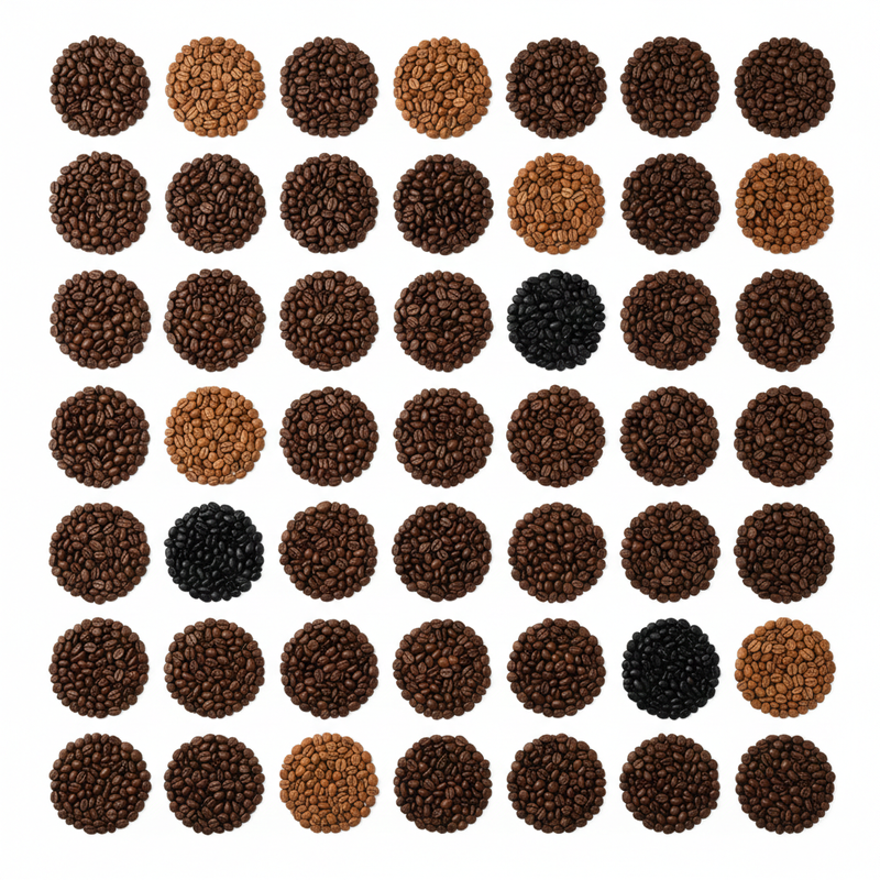 Artistic grid of coffee bean piles all at different roast levels